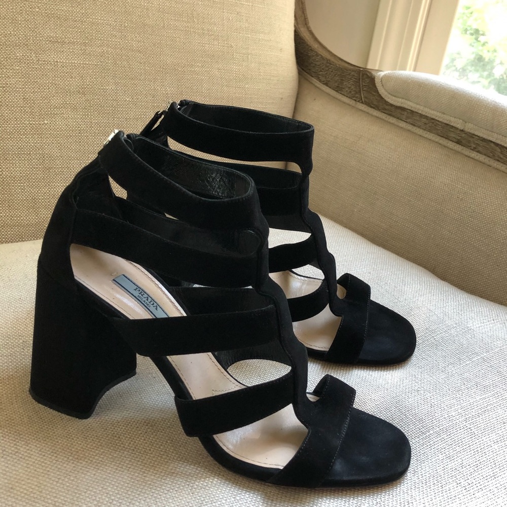 Prada Sandals Caged Block Heels Black Suede Zipper - Picture 3 of 7